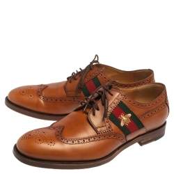 Pre Owned حذاء أوكسفورد غوتشي جلد بني فاتح مزين ويب نحلة رباط علوي نمط بروغي مقاس 44.5