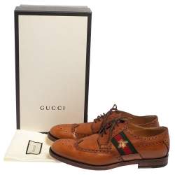 Pre Owned حذاء أوكسفورد غوتشي جلد بني فاتح مزين ويب نحلة رباط علوي نمط بروغي مقاس 44.5