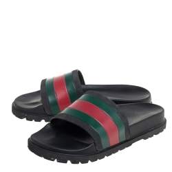 Pre Owned صندل سلايد غوتشي تفاصيل ويب جلد أسود مقاس 41