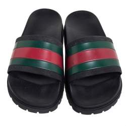 Pre Owned صندل سلايد غوتشي تفاصيل ويب جلد أسود مقاس 41