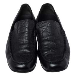 Gucci Black Guccissima Leather GG Loafers Size 44