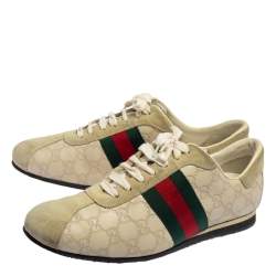 Gucci Cream Suede And Leather Web Low Top Sneakers Size 43.5