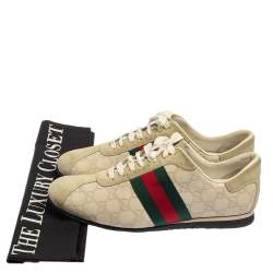 Gucci Cream Suede And Leather Web Low Top Sneakers Size 43.5