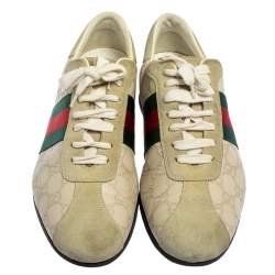 Gucci Cream Suede And Leather Web Low Top Sneakers Size 43.5