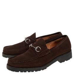 Pre Owned Gucci Brown Suede Horsebit Slip on Loafers Size 45.5