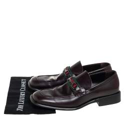 Pre Owned Gucci Brown Leather Square Horsebit Web Detail Loafers Size 45