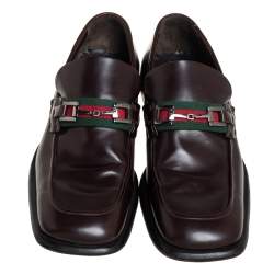 Pre Owned Gucci Brown Leather Square Horsebit Web Detail Loafers Size 45