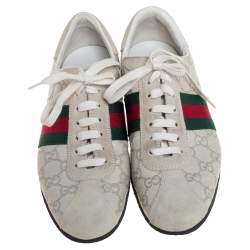 مملوكة مسبقًا Gucci White Guccissima Leather And Suede Web Detail Low Top Sneakers Size 42.5