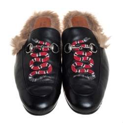 Pre Owned Gucci Black Snake Embroidered Leather and Fur Lined Princetown Mules Size 45