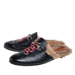 Pre Owned Gucci Black Snake Embroidered Leather and Fur Lined Princetown Mules Size 45