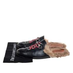 Pre Owned Gucci Black Snake Embroidered Leather and Fur Lined Princetown Mules Size 45