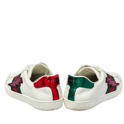 Pre Owned Gucci White Leather And Canvas Crystal Embellished Lightning Bolt Ace Low Top Sneakers Size 43.5