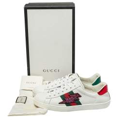 Pre Owned Gucci White Leather And Canvas Crystal Embellished Lightning Bolt Ace Low Top Sneakers Size 43.5