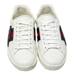Pre Owned Gucci White Leather And Canvas Crystal Embellished Lightning Bolt Ace Low Top Sneakers Size 43.5