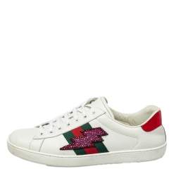 Pre Owned Gucci White Leather And Canvas Crystal Embellished Lightning Bolt Ace Low Top Sneakers Size 43.5