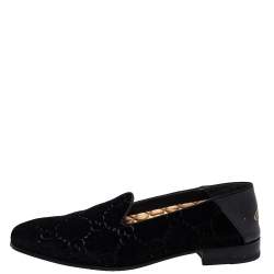 Pre Owned حذاء سليبرزغوتشي سموكينغ بطبعة نحلة جلد وقطيفة غوتشيسيما أسود مقاس 43 