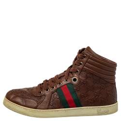 Pre Owned Gucci Brown Guccissima Leather Web Detail High Top Sneakers Size 40