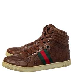 Pre Owned Gucci Brown Guccissima Leather Web Detail High Top Sneakers Size 40