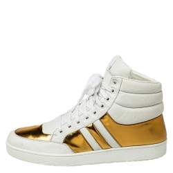 Gucci White/Gold Leather Lace Up High Top Sneakers Size 43.5