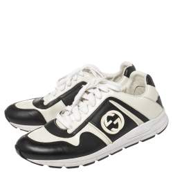 Pre Owned حذاء رياضي غوتشي جي جي متداخلة برباط جلد أبيض/أسود عنق منخفض مقاس 40.5