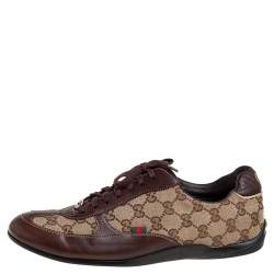 Gucci Brown/Beige Canvas Leather Lace Up Sneakers Size 40.5