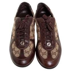 Gucci Brown/Beige Canvas Leather Lace Up Sneakers Size 40.5
