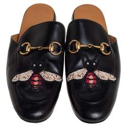 Pre Owned Gucci Black Leather Princetown Horsebit Bee Embroidered Mules Size 39.5