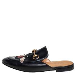 Pre Owned Gucci Black Leather Princetown Horsebit Bee Embroidered Mules Size 39.5