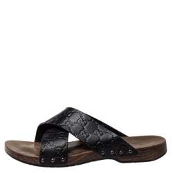 مملوكة مسبقًا Gucci Black Guccissima Leather Criss Cross Slide Sandals Size 40.5