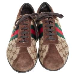 مملوكة مسبقًا Gucci Beige/Brown GG Canvas and Suede Classic Web Low Top Sneakers Size 46.5