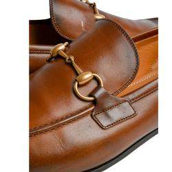 Pre Owned Gucci Brown Burnished Leather Jordaan Horsebit Slip On Loafers Size 8