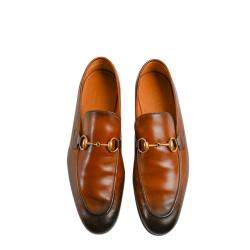 Pre Owned Gucci Brown Burnished Leather Jordaan Horsebit Slip On Loafers Size 8