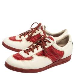 Gucci White/Red Leather And Nylon Web Low Top Sneakers Size 43.5 