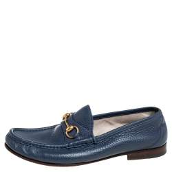 Pre Owned Gucci Blue Leather Horsebit Slip On Loafers Size 42.5