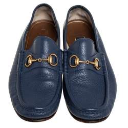 Pre Owned Gucci Blue Leather Horsebit Slip On Loafers Size 42.5