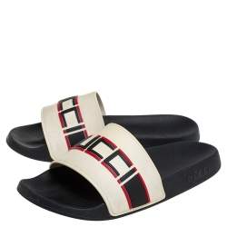 Pre Owned Gucci Ivory White Rubber Gucci Stripe Logo Flat Sides Size 42