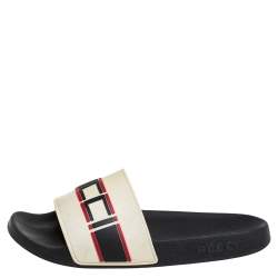 Pre Owned Gucci Ivory White Rubber Gucci Stripe Logo Flat Sides Size 42