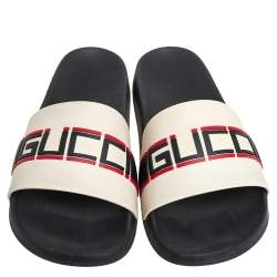 Pre Owned Gucci Ivory White Rubber Gucci Stripe Logo Flat Sides Size 42