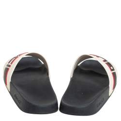 Pre Owned Gucci Ivory White Rubber Gucci Stripe Logo Flat Sides Size 42