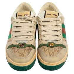 Pre Owned Gucci Beige/Green GG Canvas And Leather Screener Low Top Sneakers Size 40.5