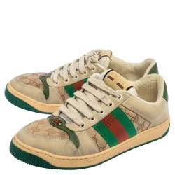 Pre Owned Gucci Beige/Green GG Canvas And Leather Screener Low Top Sneakers Size 40.5