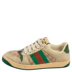 Pre Owned Gucci Beige/Green GG Canvas And Leather Screener Low Top Sneakers Size 40.5