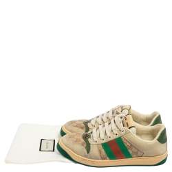 Pre Owned Gucci Beige/Green GG Canvas And Leather Screener Low Top Sneakers Size 40.5
