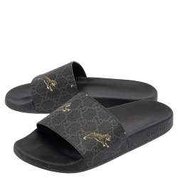 Gucci Black GG Canvas Tiger Flat Slides Size 41