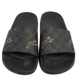 Gucci Black GG Canvas Tiger Flat Slides Size 41