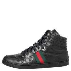 مملوكة مسبقًا Gucci Black Leather Web High Top Sneakers Size 44