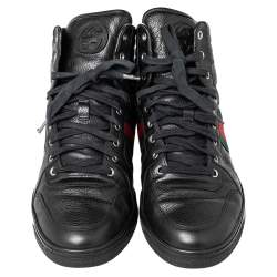 مملوكة مسبقًا Gucci Black Leather Web High Top Sneakers Size 44
