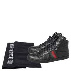 مملوكة مسبقًا Gucci Black Leather Web High Top Sneakers Size 44