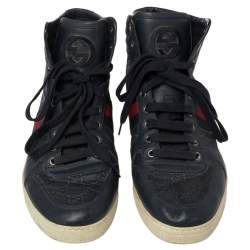 Pre Owned Gucci Blue Guccissima Leather Web Detail High Top Sneakers Size 42.5