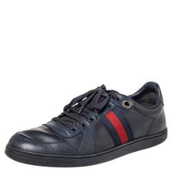 Gucci Navy Blue Leather And Canvas Web Low Top Sneakers Size 44